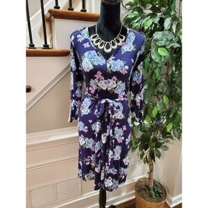 Everly Grey Women Blue Floral Rayon Long Sleeve V-Neck Knee Length Dress Size M